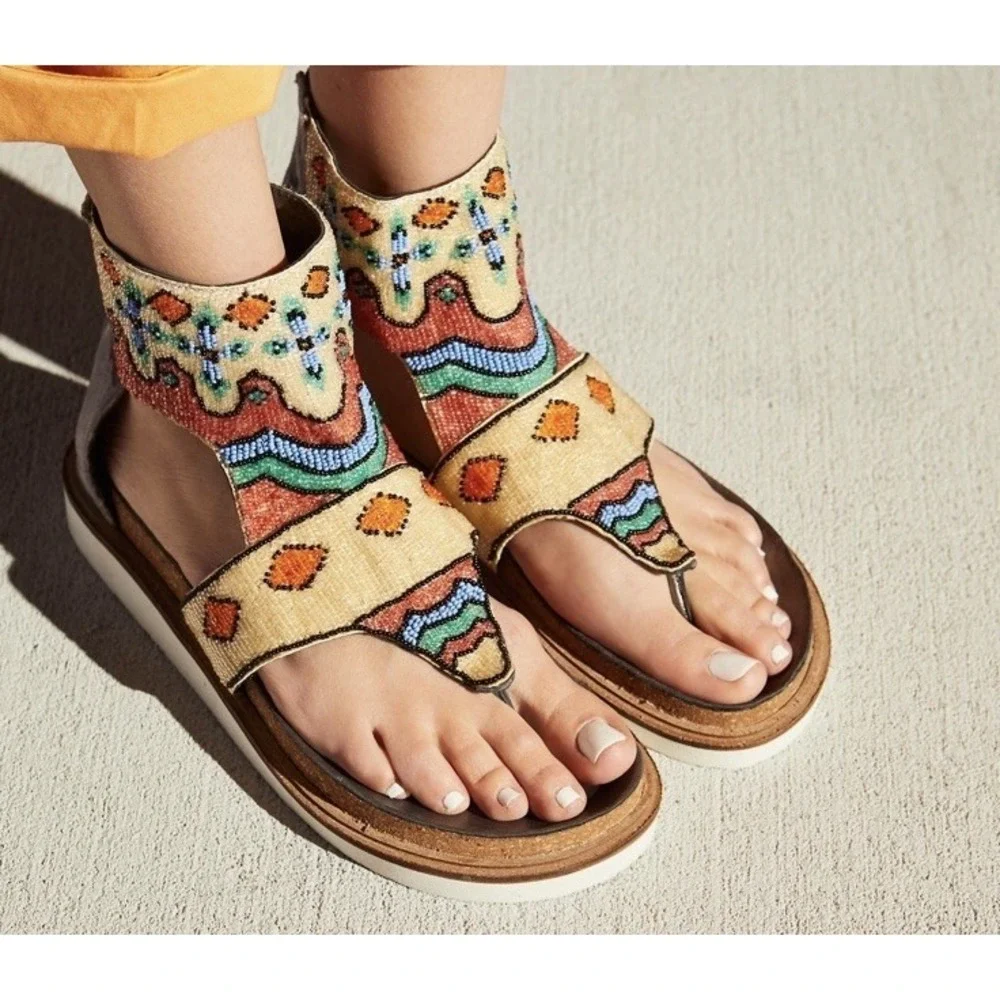 Free People Tahiti Beaded Sandals 41 Back Zip Up Shoes Boho Gypsy Festival 10